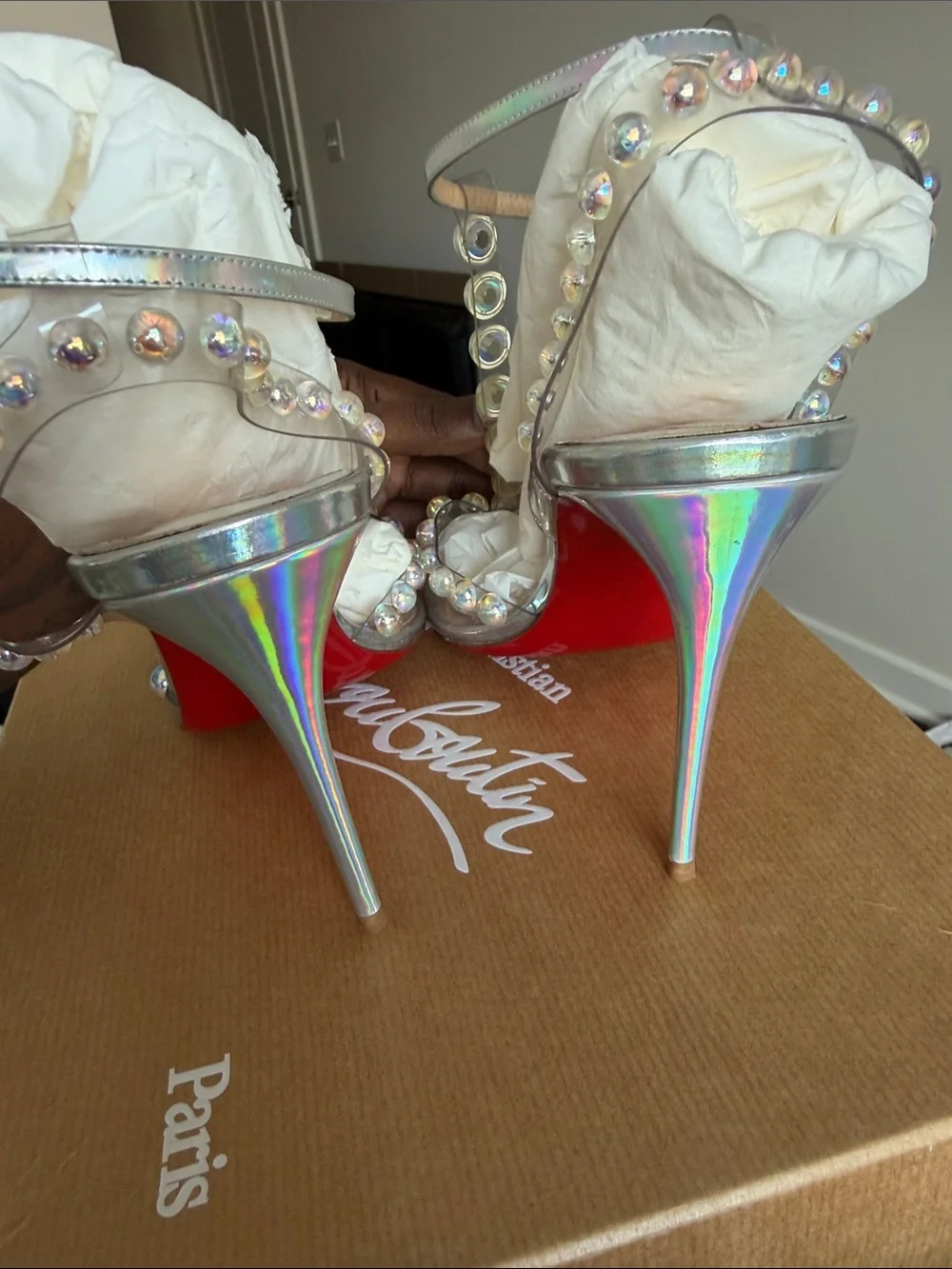 Christian Louboutin Silver Crystal-Embellished Strappy Heels